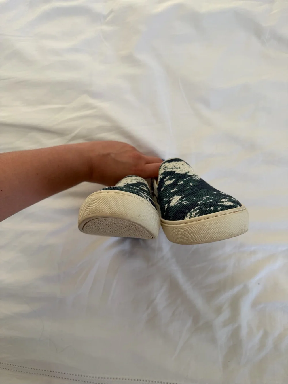 Rothys Slip-On Canvas Sneakers in Green and White